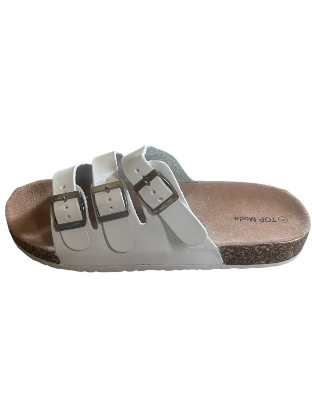 Top Moda Women's White Triple Buckle Faux Leather Comfort Slide Sandals